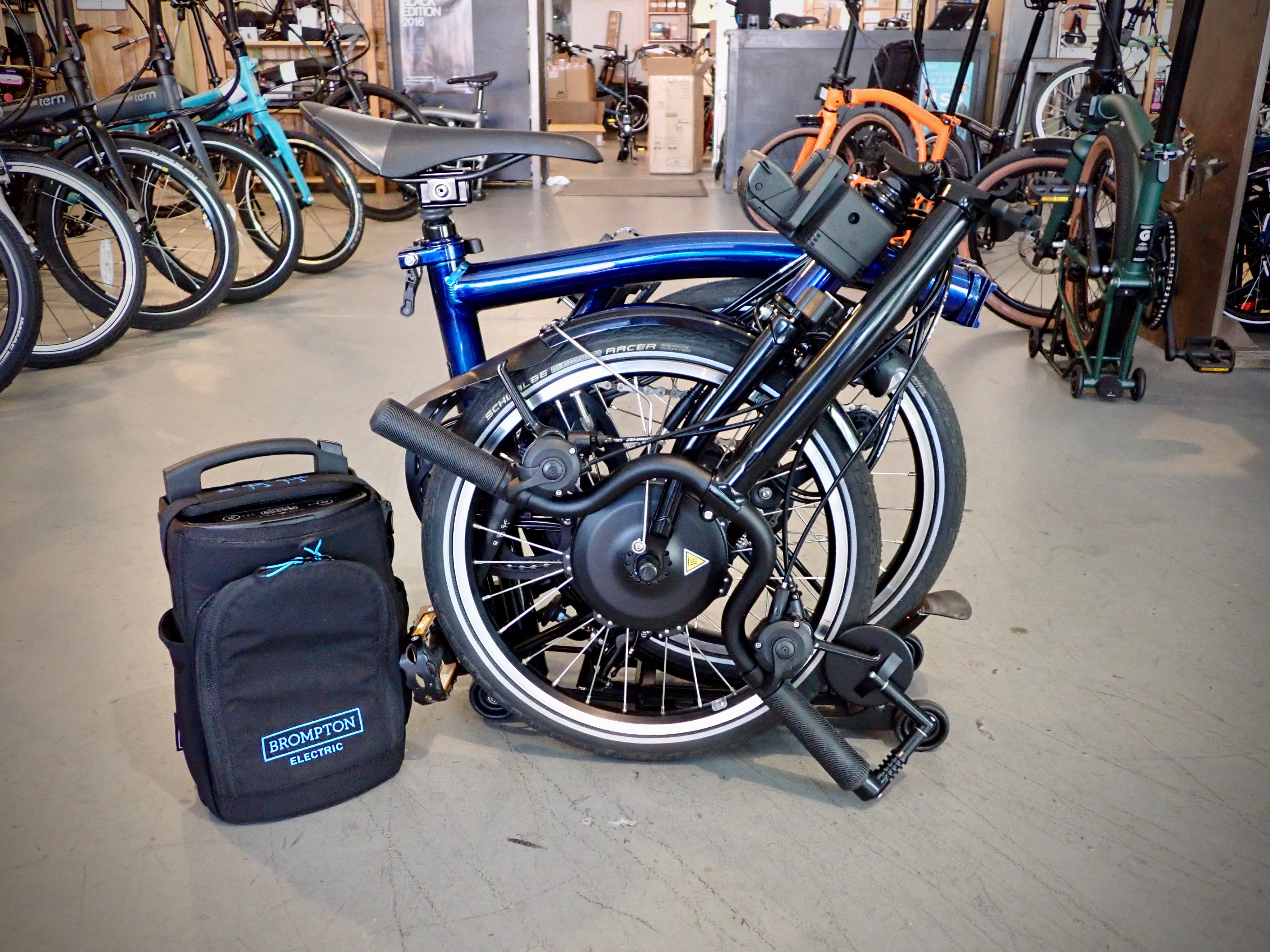 USED 2021 Brompton Electric C Line Bolt Lacquer Blue w/ Rack